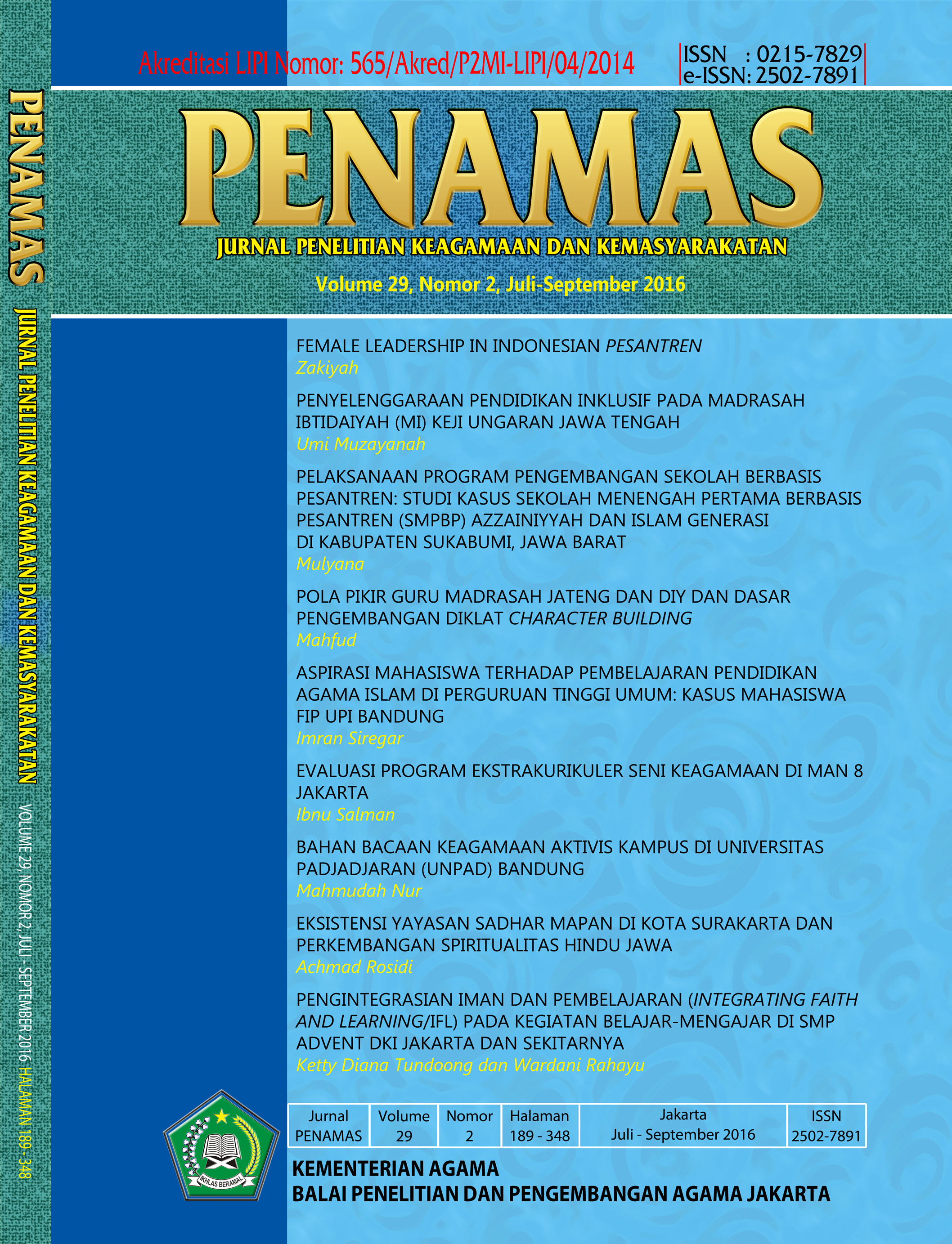 Jurnal Penamas, Volume 29, Nomor 2, Juli-September 2016